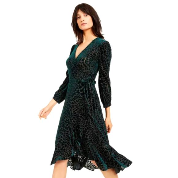 Calvin Klein 8 Burnout Velvet Animal Print Long Sleeve Wrap Dress Teal Green EUC - Picture 5 of 11